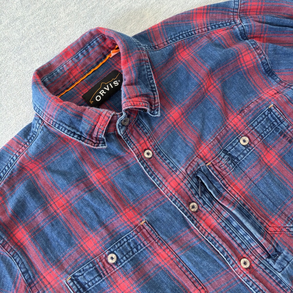 Orvis Mens Plaid Flannel Button Down Shirt Navy Blue Red Size Medium